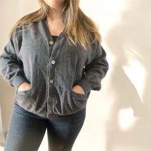 Merino Wool Button-Front V-Neck Cardigan Sweater in Charcoal by Viyella